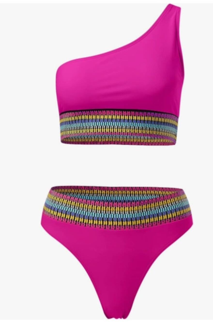 Peixoto Womens One Shoulder 2 Piece Bikini Swim Suit Pink Ribbed Fabric Trim XL